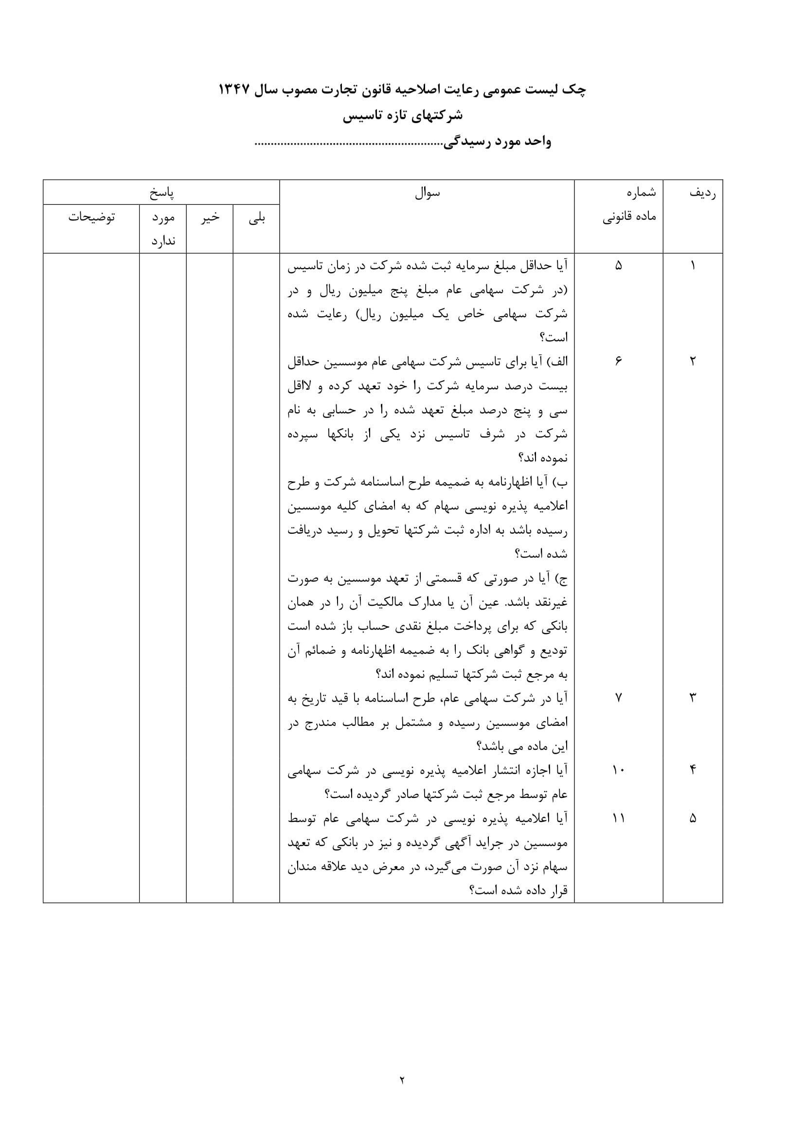 فرم های چک لیست رعایت اصلاحیه قانون تجارت مصوب سال 1347 در مورد شرکتهای تازه تأسیس-2